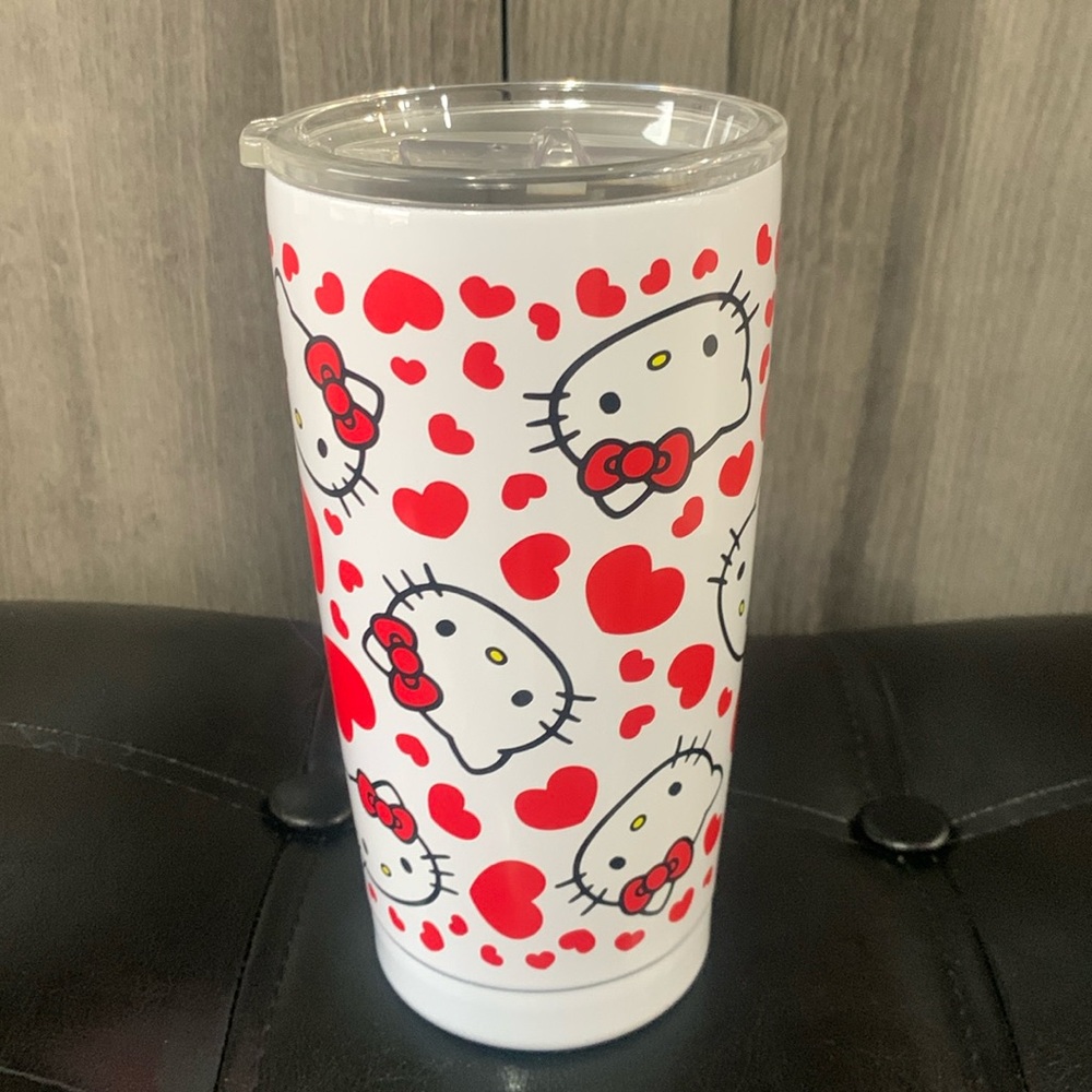 New White Hello Kitty & Red Hearts Patterned Stainless Steel Tumbler With Lid